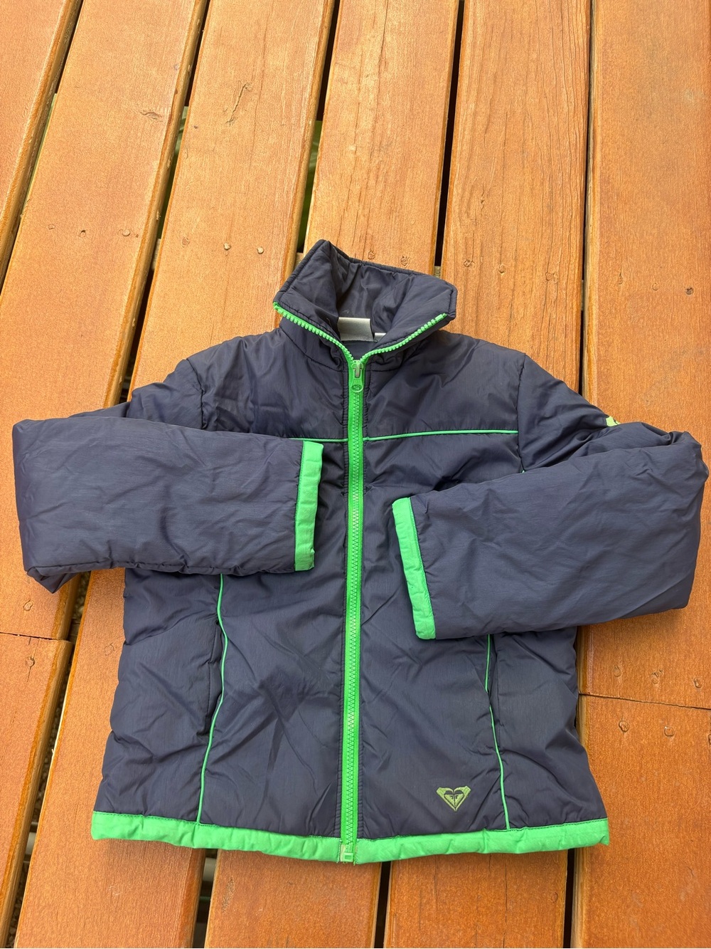 Roxy Teenie Wahine Y2K Vintage Navy Puffer Jacket with Bright Green Trim